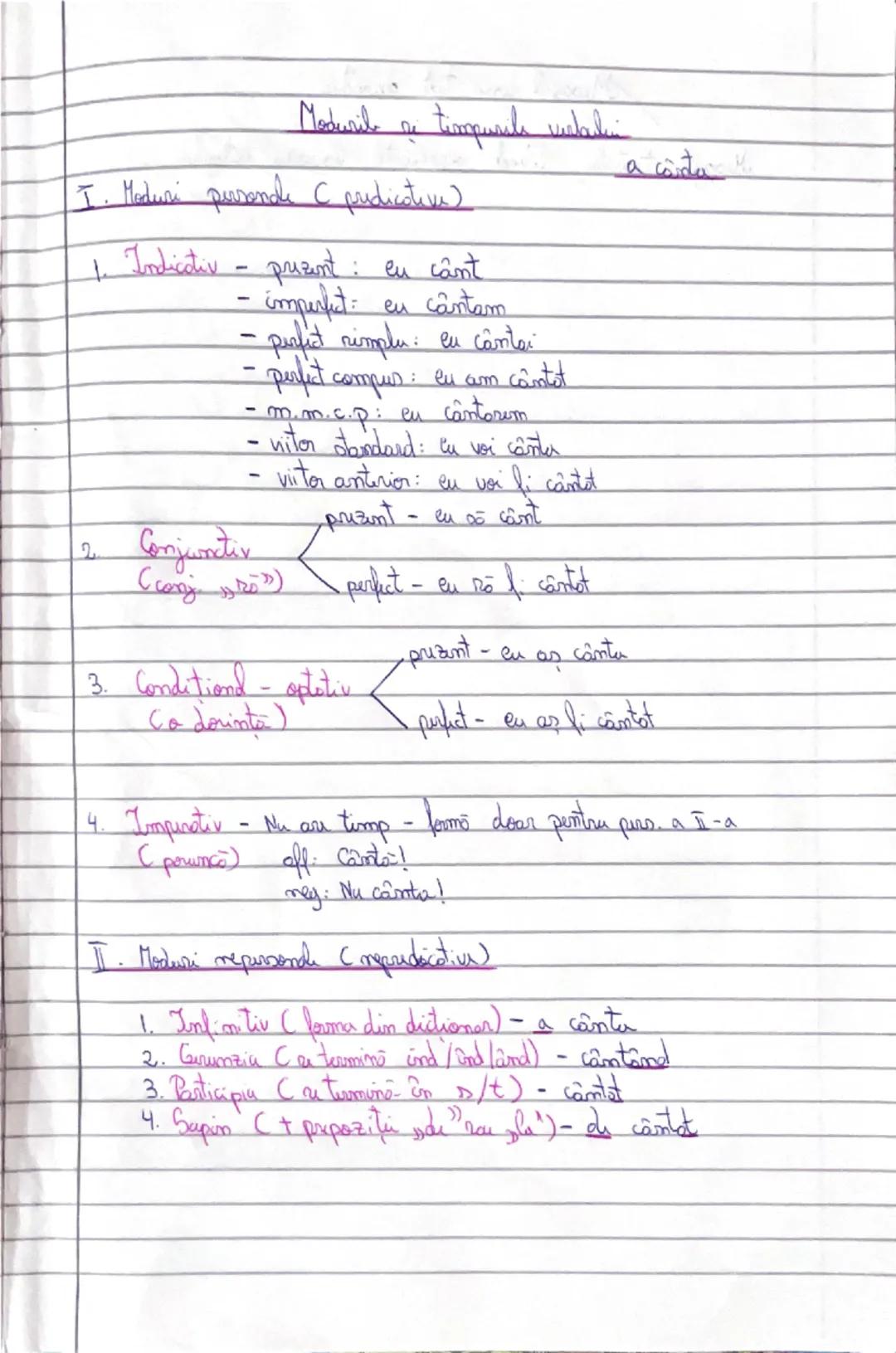 Moduril ne timpurile melalui
a corta M
I. Moduri persende C predicativa)

1. Indicativ - prizont eu cant
 - imperfet: en cântam
 - perfit ni