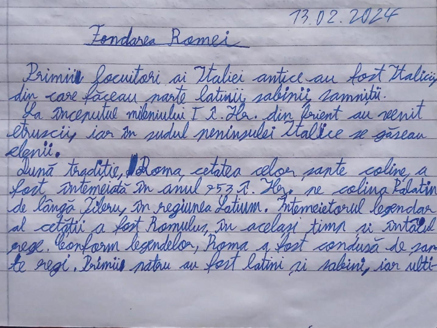 ## Fondarea Romei
13.02.2024
Primii locuitori ai Italiei antice au fost Italici
din care făceau parte latini, sabini, samniți.
La începutul 