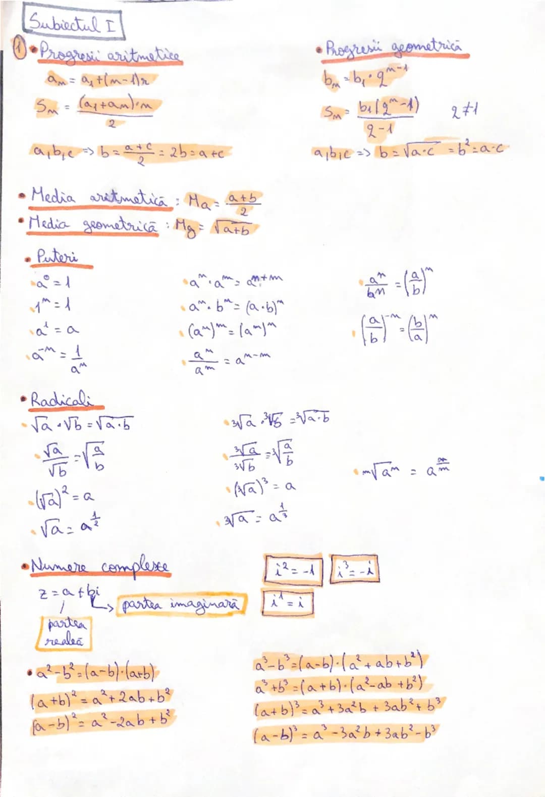 # Subiectul I

* **Progresii aritmetice**

$a_m = a_1 + (m-1)r$
$S_m = \frac{(a_1 + a_m)m}{2}$
$a_1 b | c => b = \frac{a+c}{2} = 2b = a+c$

