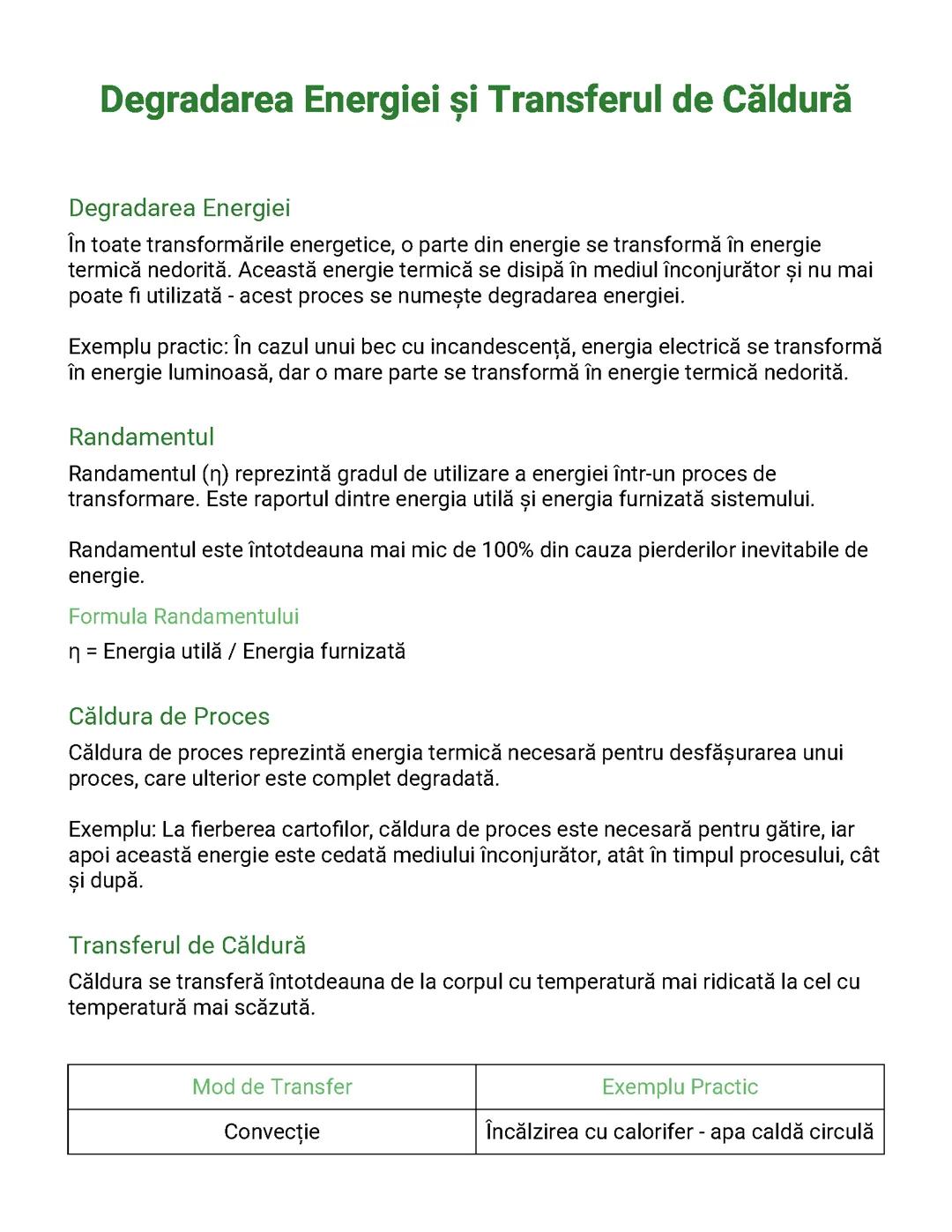 Procesul de Degradare a Energiei și Transferul Termic