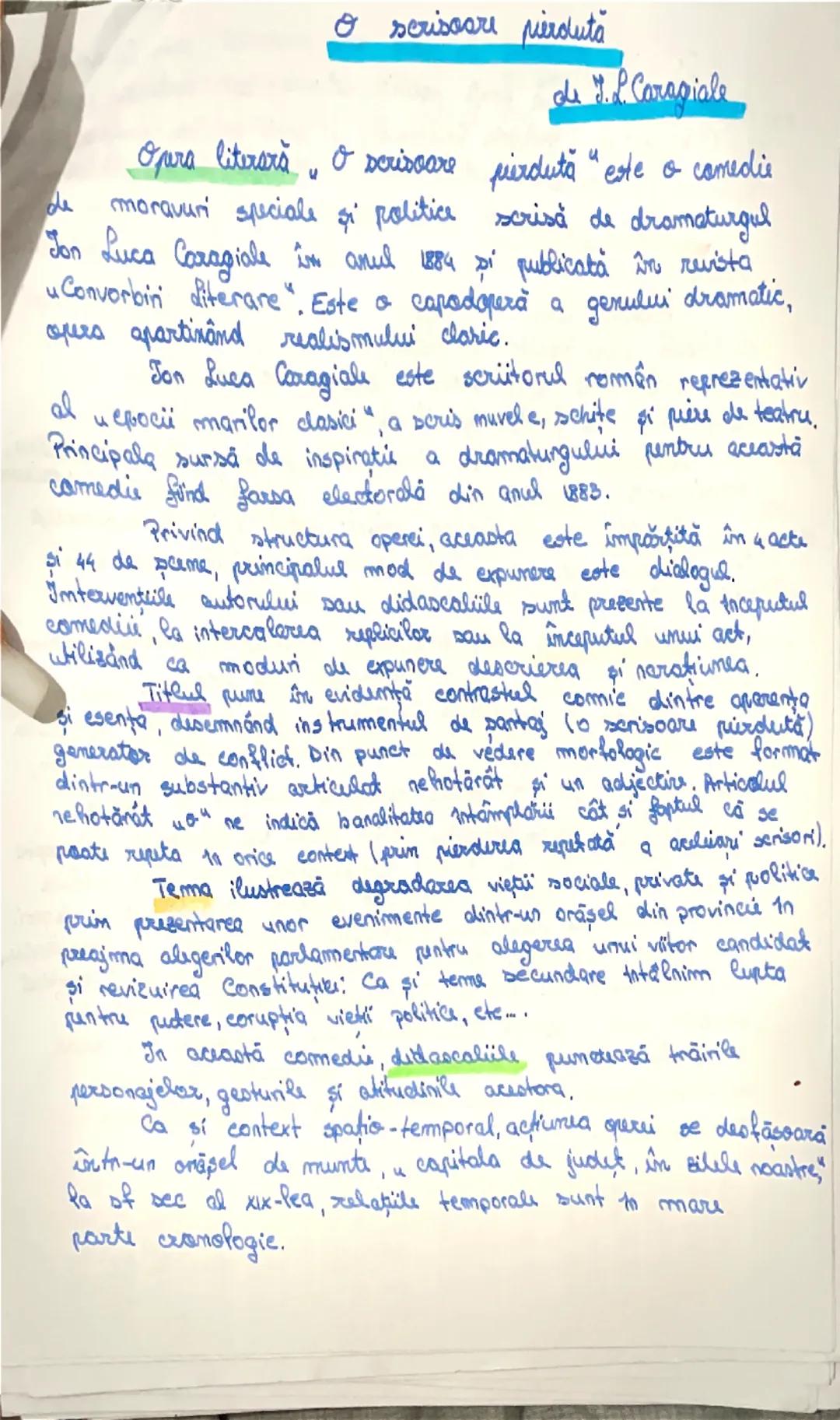 Analiză: O scrisoare pierdută - Caracterizare și Comentarii