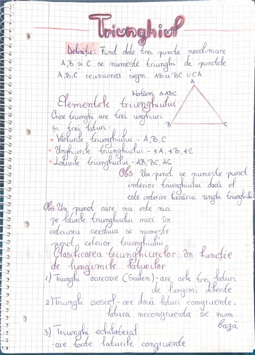 # Triunghiul

Definiție: Fiind date trei puncte necoliniare
A, B și C se numește triunghi de punctele
A, B, C reuniunea segm. AB∪BC∪CA

Nota