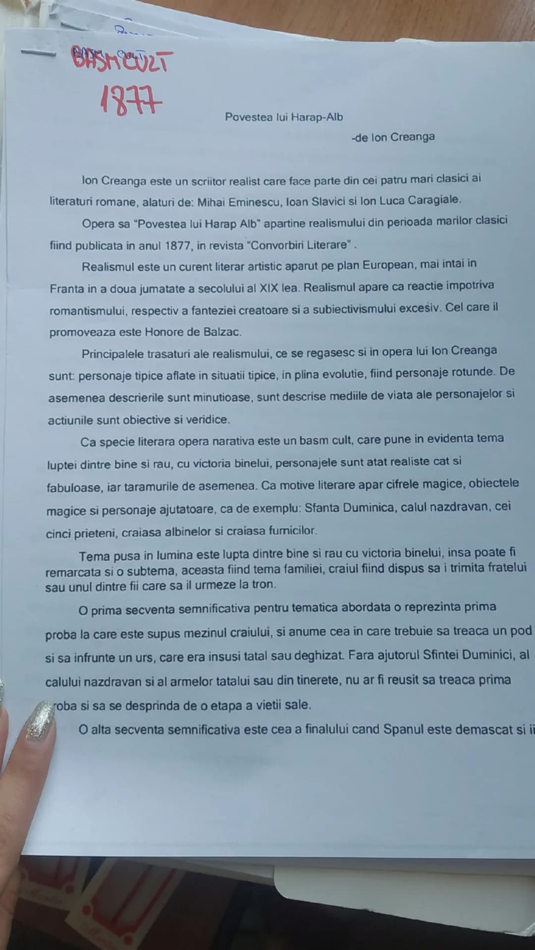 --- OCR Start ---
BASMCULT
1877
Povestea lui Harap-Alb
-de lon Creanga
Ion Creanga este un scriitor realist care face parte din cei patru ma