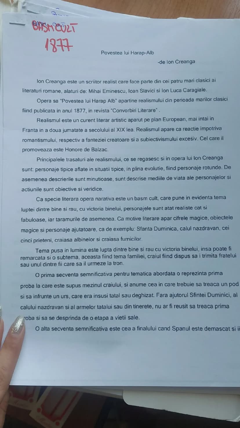 --- OCR Start ---
BASMCULT
1877
Povestea lui Harap-Alb
-de lon Creanga
Ion Creanga este un scriitor realist care face parte din cei patru ma