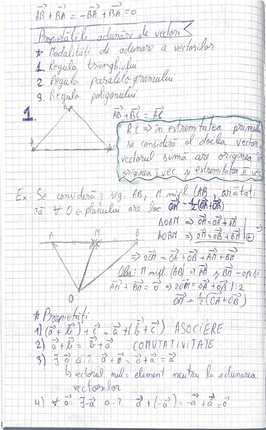 --- OCR Start ---
1.
→
+B+BA=-BP+BA=0
Propietatile adunări de vectori
Modalități de adunare a vectorilor
Regula, triomghiului
2. Regulo para