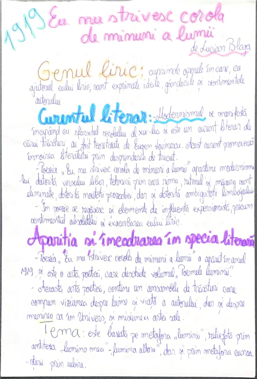 # 1919 Eu mu strivesc corola
de minuni a lumii
de Lucian Blaga

Genul liric: cuprinde operele în care, cu
ajutorul eului liric, sunt exprima