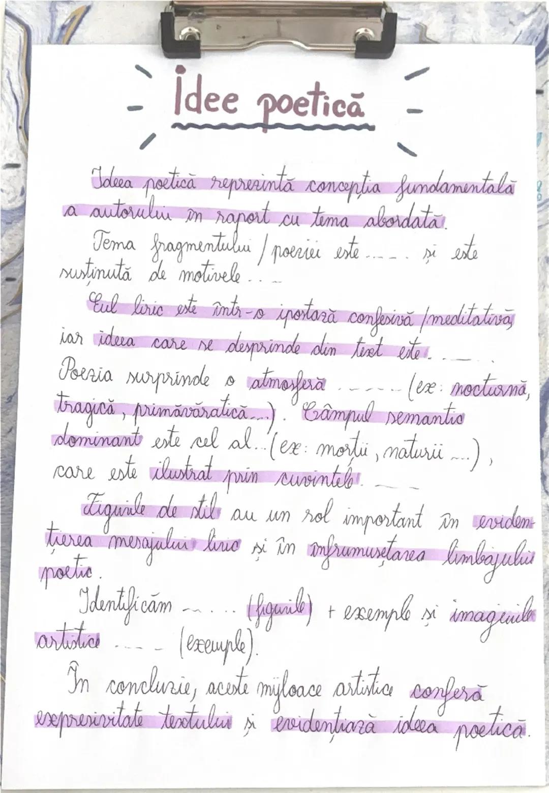 - İdee poetică

Ideea poetică reprezintă concepția fundamentală
a autorulin on raport cu tema abordata.

Tema fragmentului / poeziei este și
