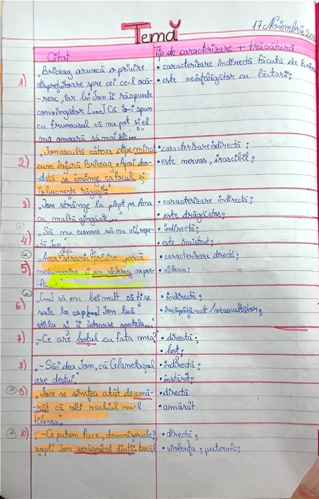 --- OCR Start ---
Citat
Tema
17 Noiembrie 20
Tip de caracterizare + trăsătură
Briceaa aruncă o privire caracterizare indirectă făcută de Bar
