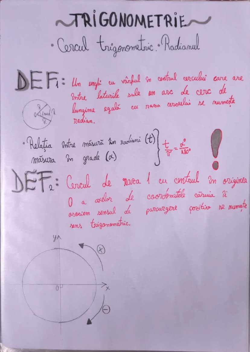 --- OCR Start ---
TRIGONOMETRIE
• Cercul trigonometric • Radiamul
DEF₁: Un unghi cu vârful în centrul cercului care are
între laturile sale 