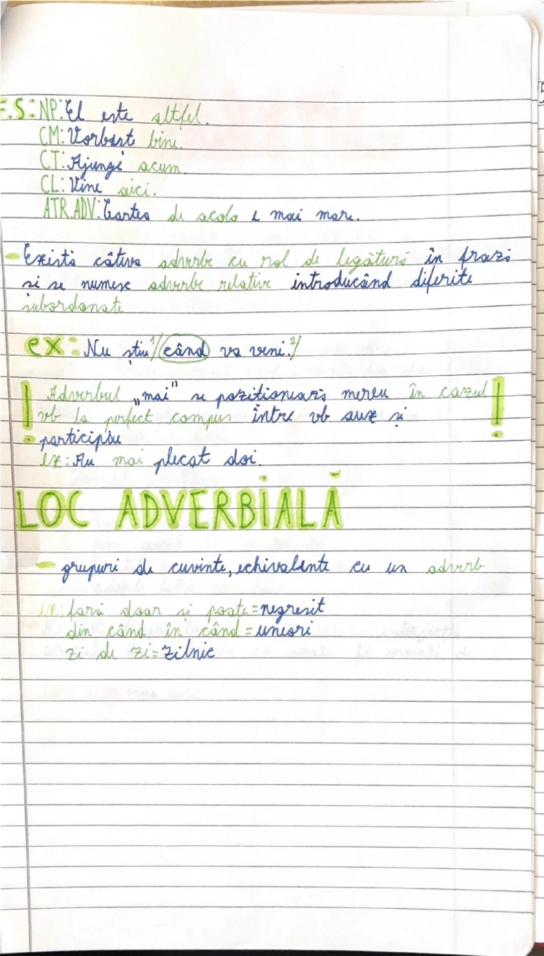 ADVERBUL
partes de vorbire neflexibils cara determins
un verb, arătând circumstanţile sctiuni
CLASIFICARE:
1 după întiles DE LOC. aici, acol