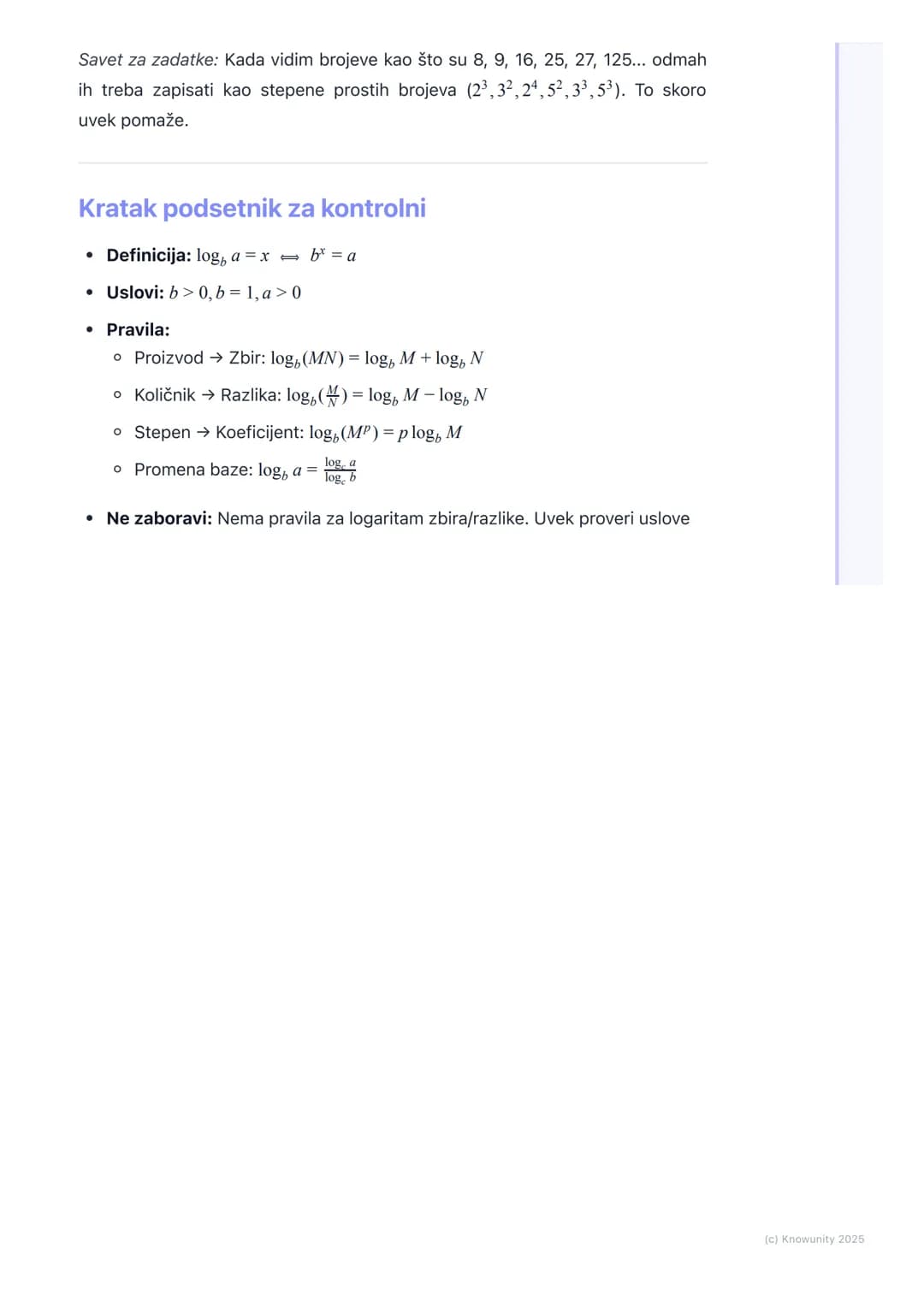 # Pravila logaritmovanja

Uvod u pravila logaritmovanja

Logaritmi imaju svoja pravila, slično kao stepenovanje, koja nam pomažu da
uprostim