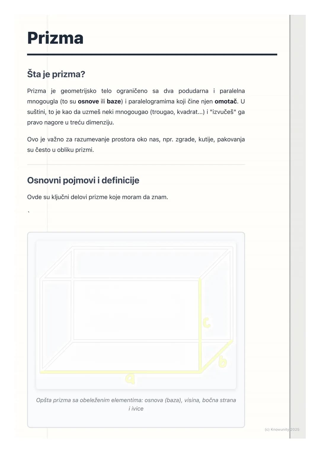 # Prizma

Šta je prizma?

Prizma je geometrijsko telo ograničeno sa dva podudarna i paralelna
mnogougla (to su osnove ili baze) i paralelogr