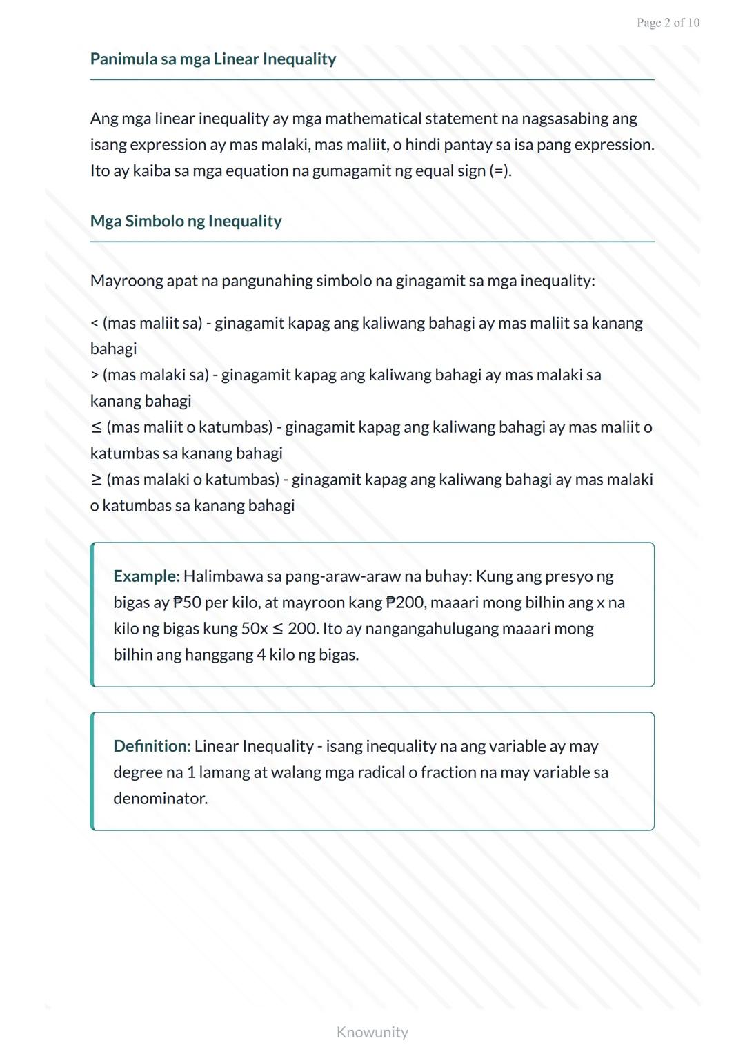 Mga Linear Equation at Inequality: Paglalarawan gamit sa Number Line
Pag-aaral ng mga linear inequality at paggamit ng number
line
Mga Layun