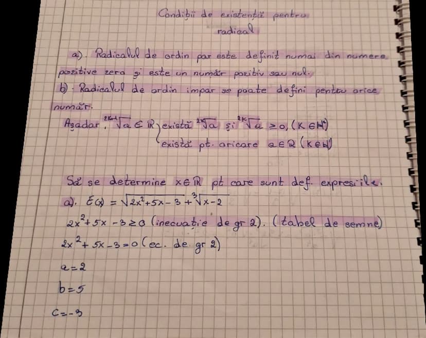 # Condiţii de existență pentru
radical
a). Radicalul de ordin par este definit numai din numere
pozitive zero şi este un număr pozitiv sau n