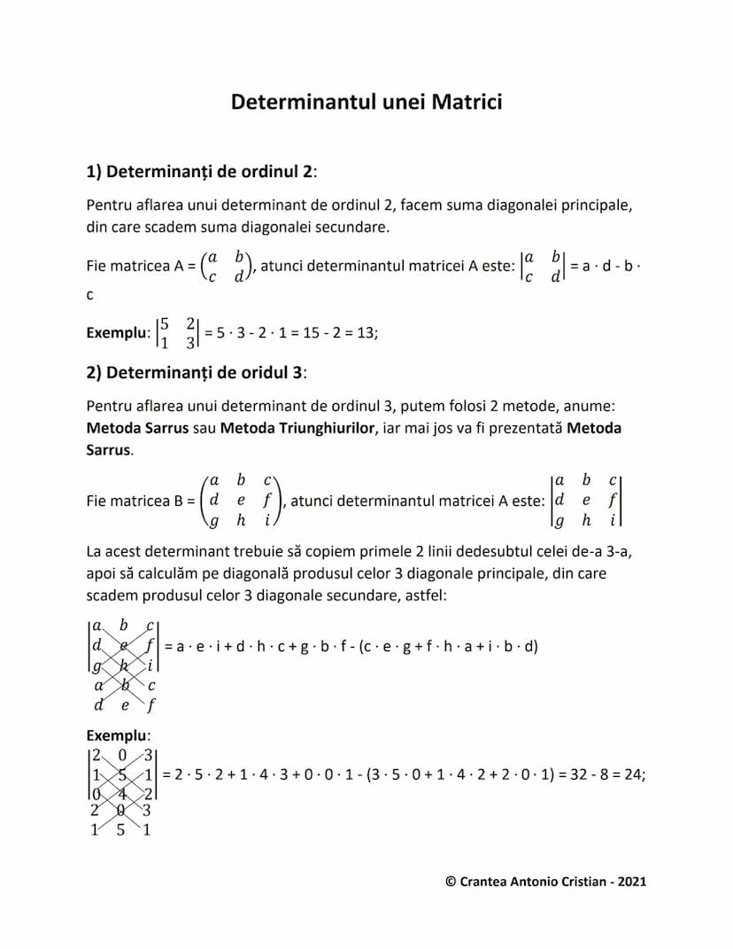 # Determinantul unei Matrici

1) Determinanți de ordinul 2:
Pentru aflarea unui determinant de ordinul 2, facem suma diagonalei principale,
