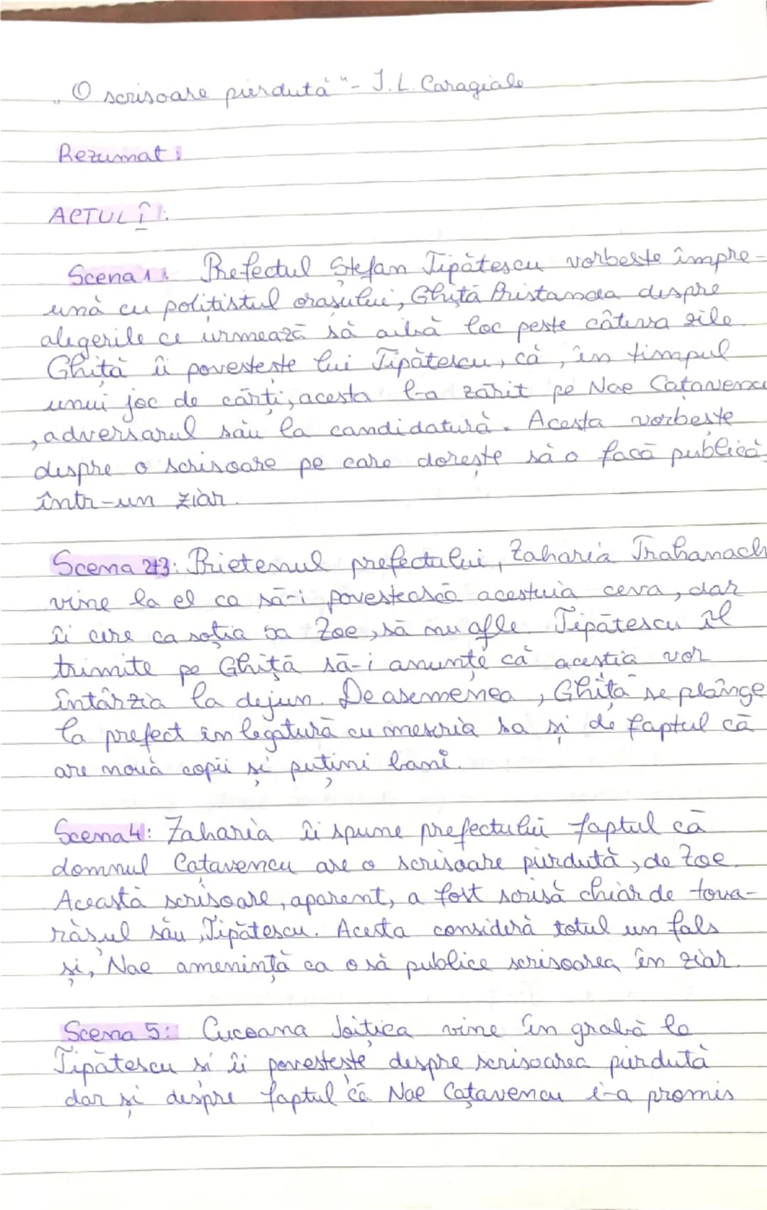 --- OCR Start ---
O scrisoare pierdută "- J.L. Caragiale.
Rezumat:
ACTUL I:
Scena 1: Prefectul Stefan Tipătescu vorbeste împre-
ună cu polit