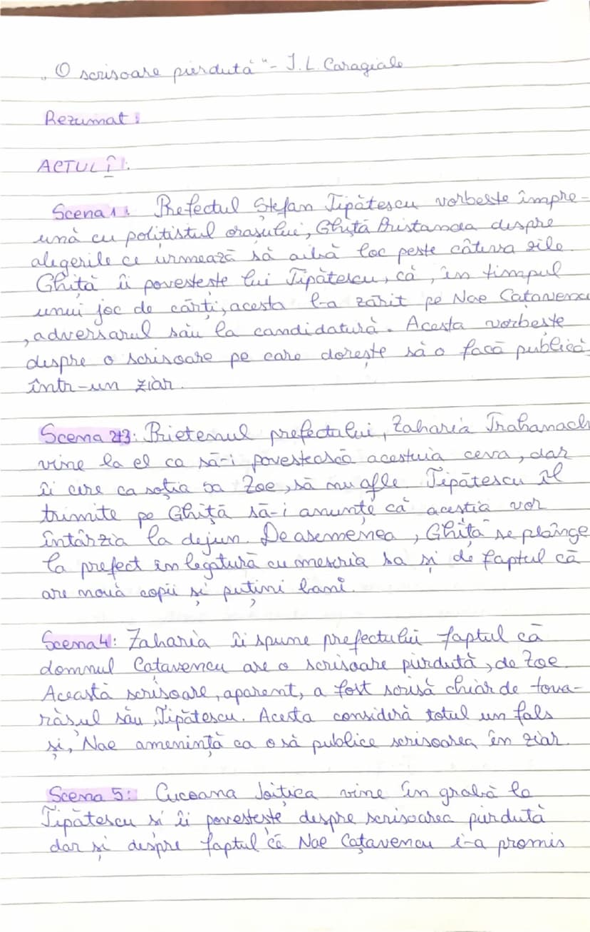 --- OCR Start ---
O scrisoare pierdută "- J.L. Caragiale.
Rezumat:
ACTUL I:
Scena 1: Prefectul Stefan Tipătescu vorbeste împre-
ună cu polit