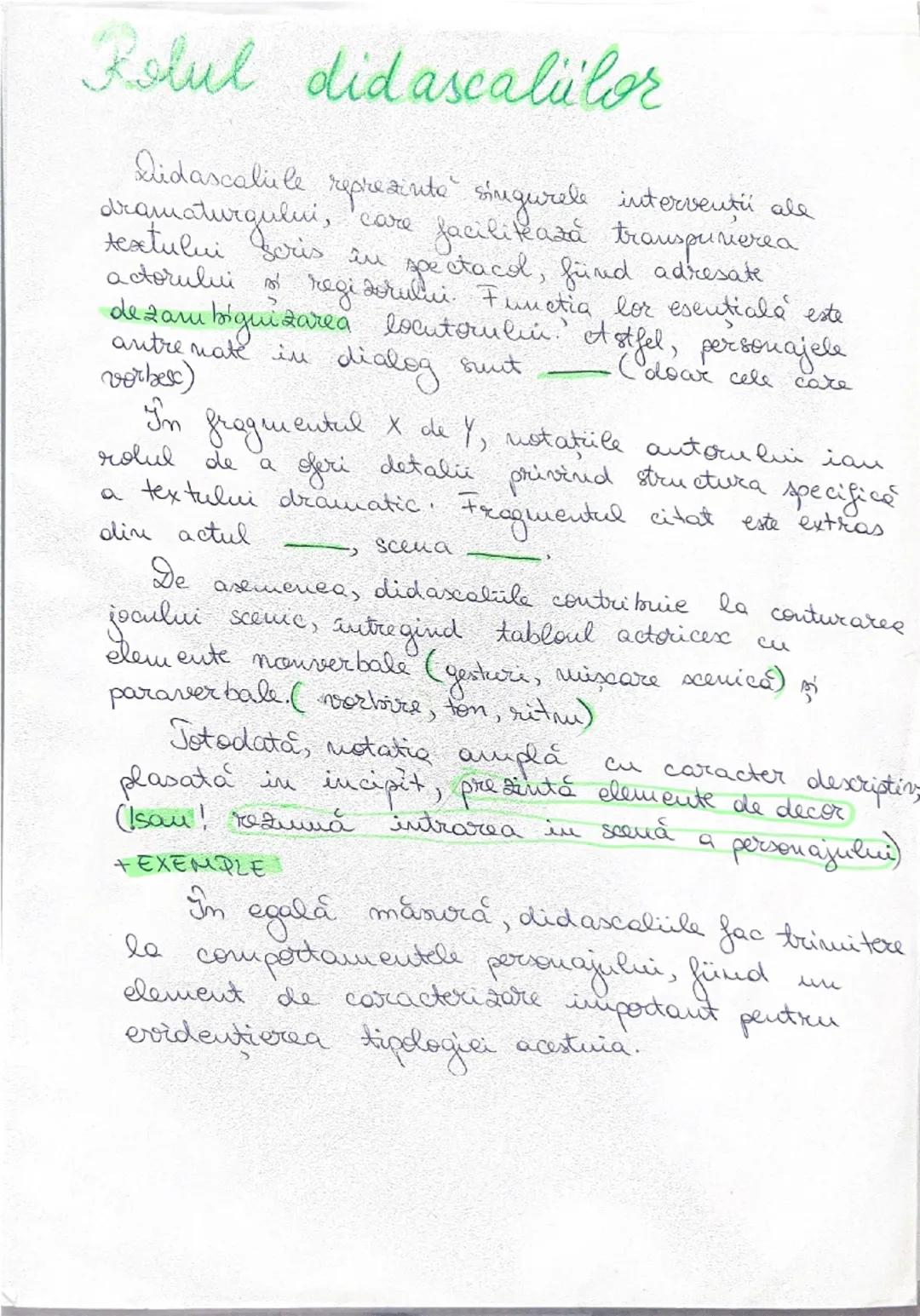 Rolul didascaliilor

Didascaliile reprezintă "singurele intervenții ale dramaturgului, care facilitează transpunerea textului scris în spect