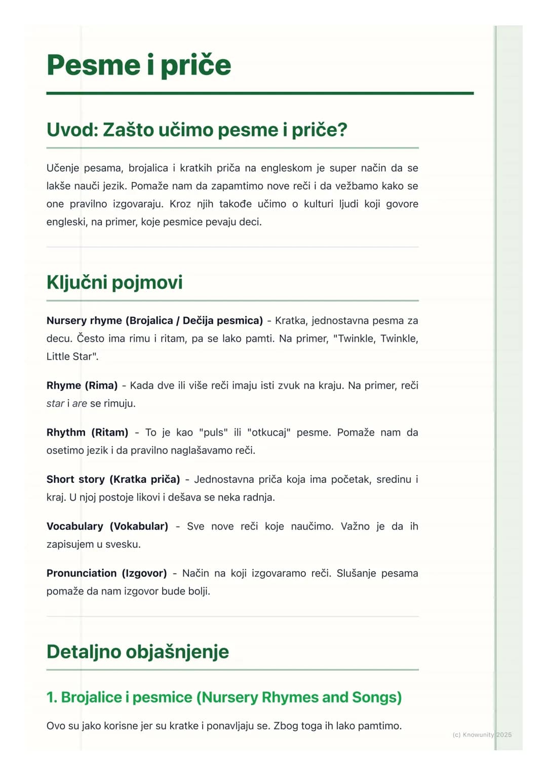 # Pesme i priče

## Uvod: Zašto učimo pesme i priče?

Učenje pesama, brojalica i kratkih priča na engleskom je super način da se
lakše nauči