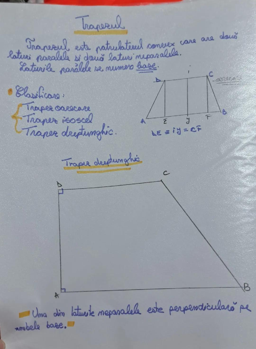 # Trapezul
Trapezul este patrulaterul convex care are două
laturi paralele și două laturi neparalele.
Laturile paralele se numesc baze.

• C