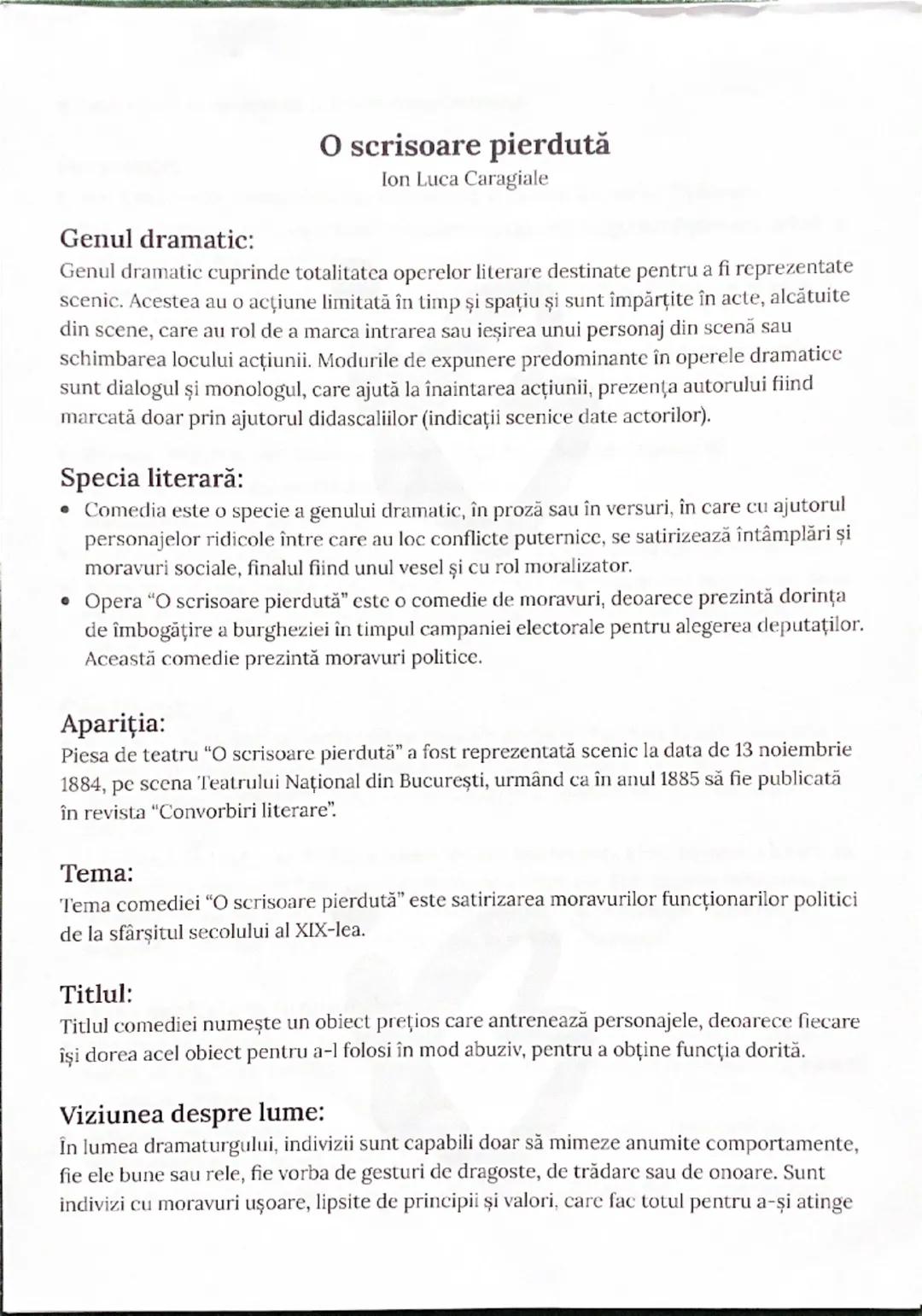 # O scrisoare pierdută
Ion Luca Caragiale

# Genul dramatic:
Genul dramatic cuprinde totalitatea operelor literare destinate pentru a fi rep