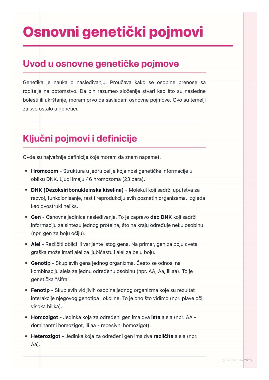 # Osnovni genetički pojmovi

Uvod u osnovne genetičke pojmove

Genetika je nauka o nasleđivanju. Proučava kako se osobine prenose sa
roditel