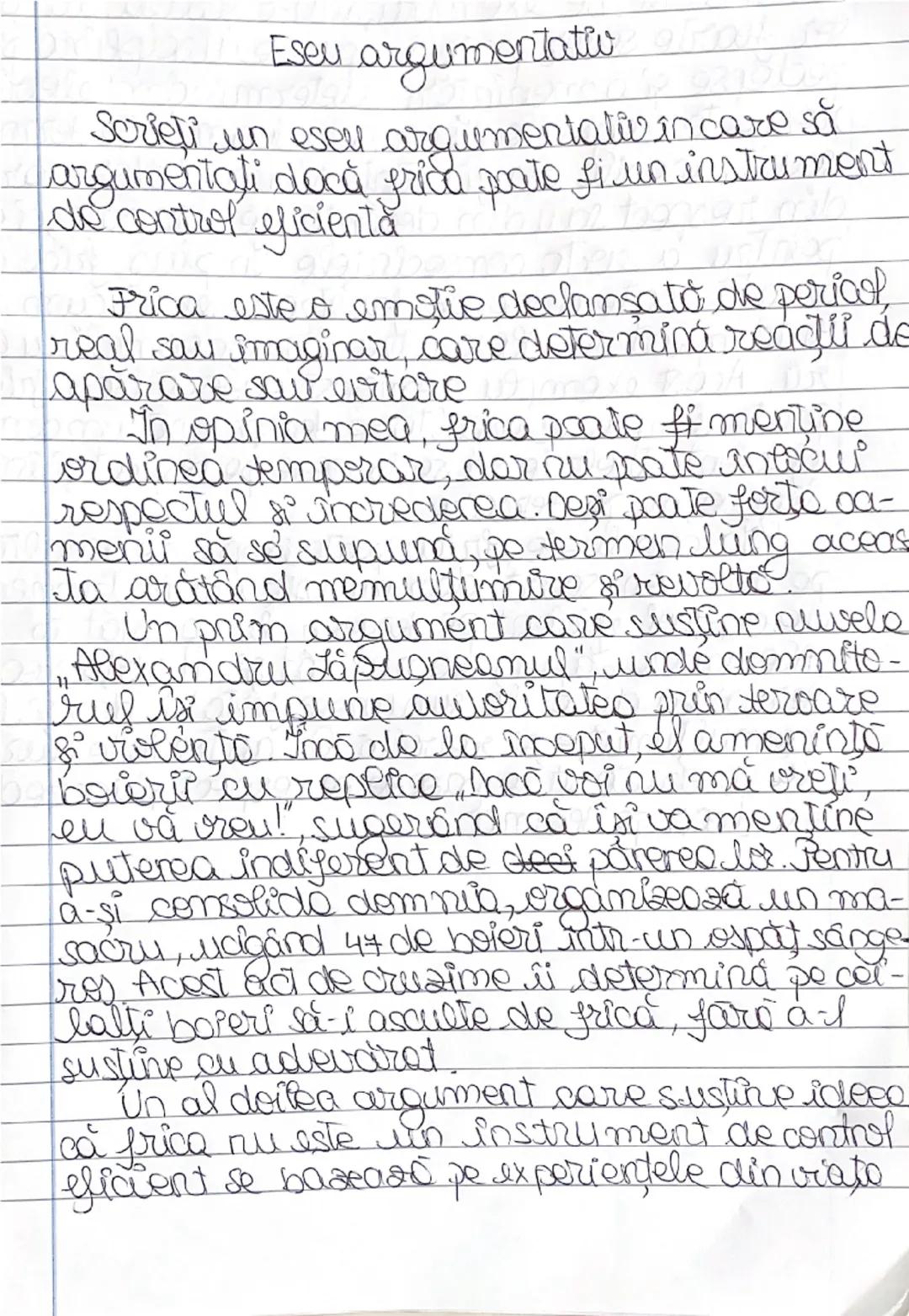 # Eseu argumentativ
Scrieți un eseu argumentativ în care să
argumentati dacă frica poate fi un instrument
de control eficientă
Frica este o 