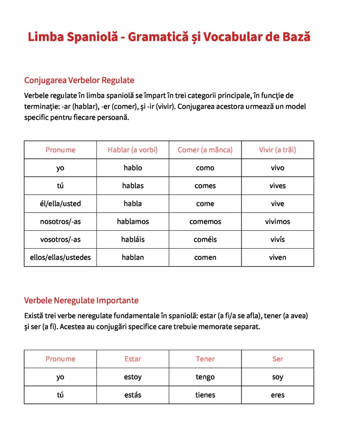 Limba Spaniolă - Gramatică și Vocabular de Bază