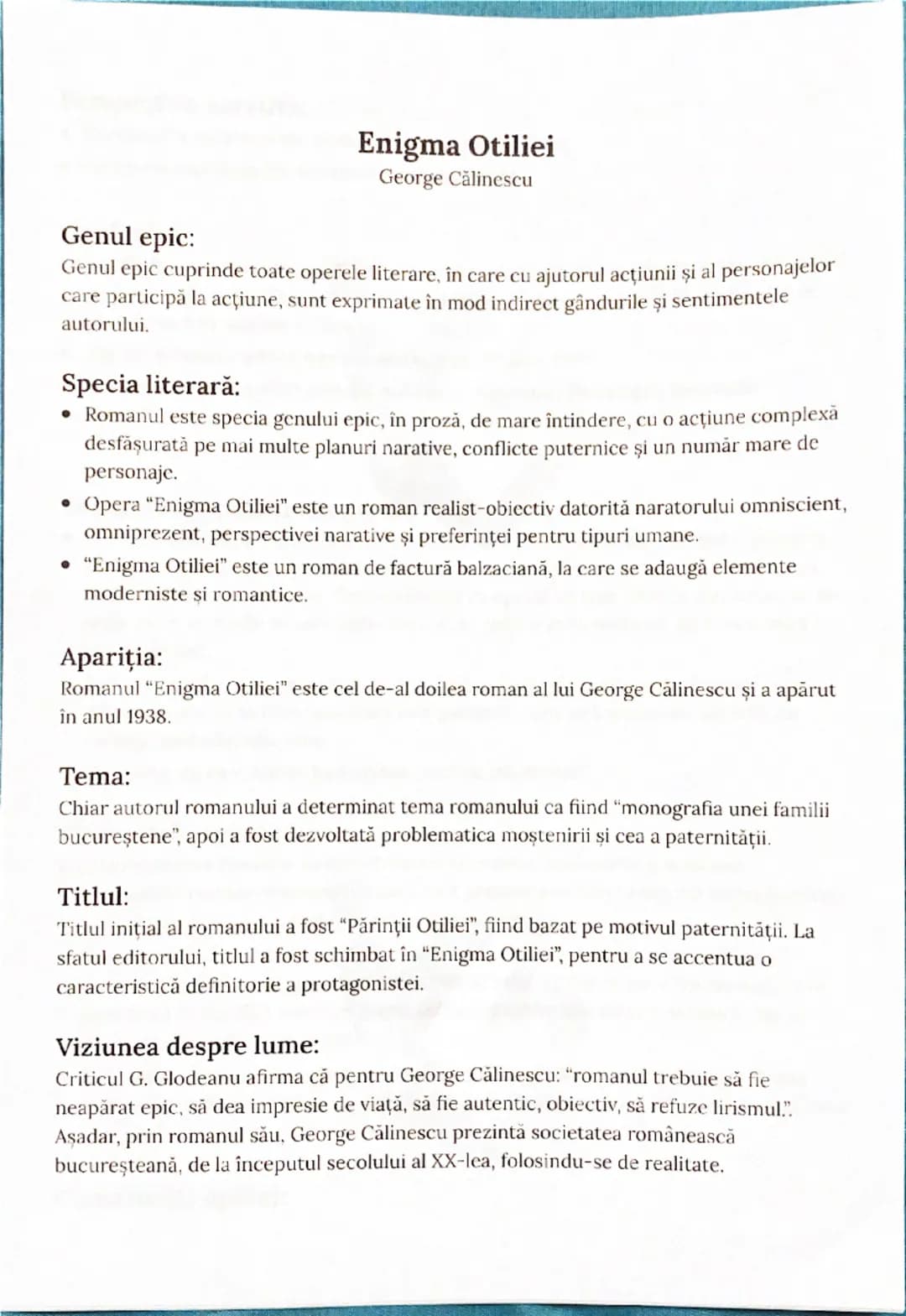 --- OCR Start ---
Enigma Otiliei
George Călinescu
Genul epic:
Genul epic cuprinde toate operele literare, în care cu ajutorul acțiunii şi al