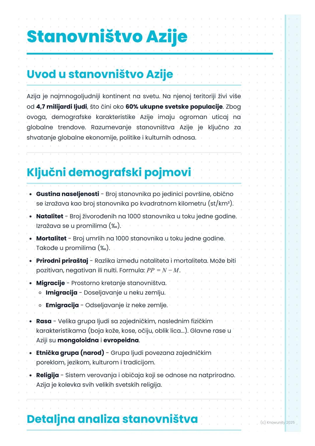 # Stanovništvo Azije

## Uvod u stanovništvo Azije

Azija je najmnogoljudniji kontinent na svetu. Na njenoj teritoriji živi više
od 4,7 mili
