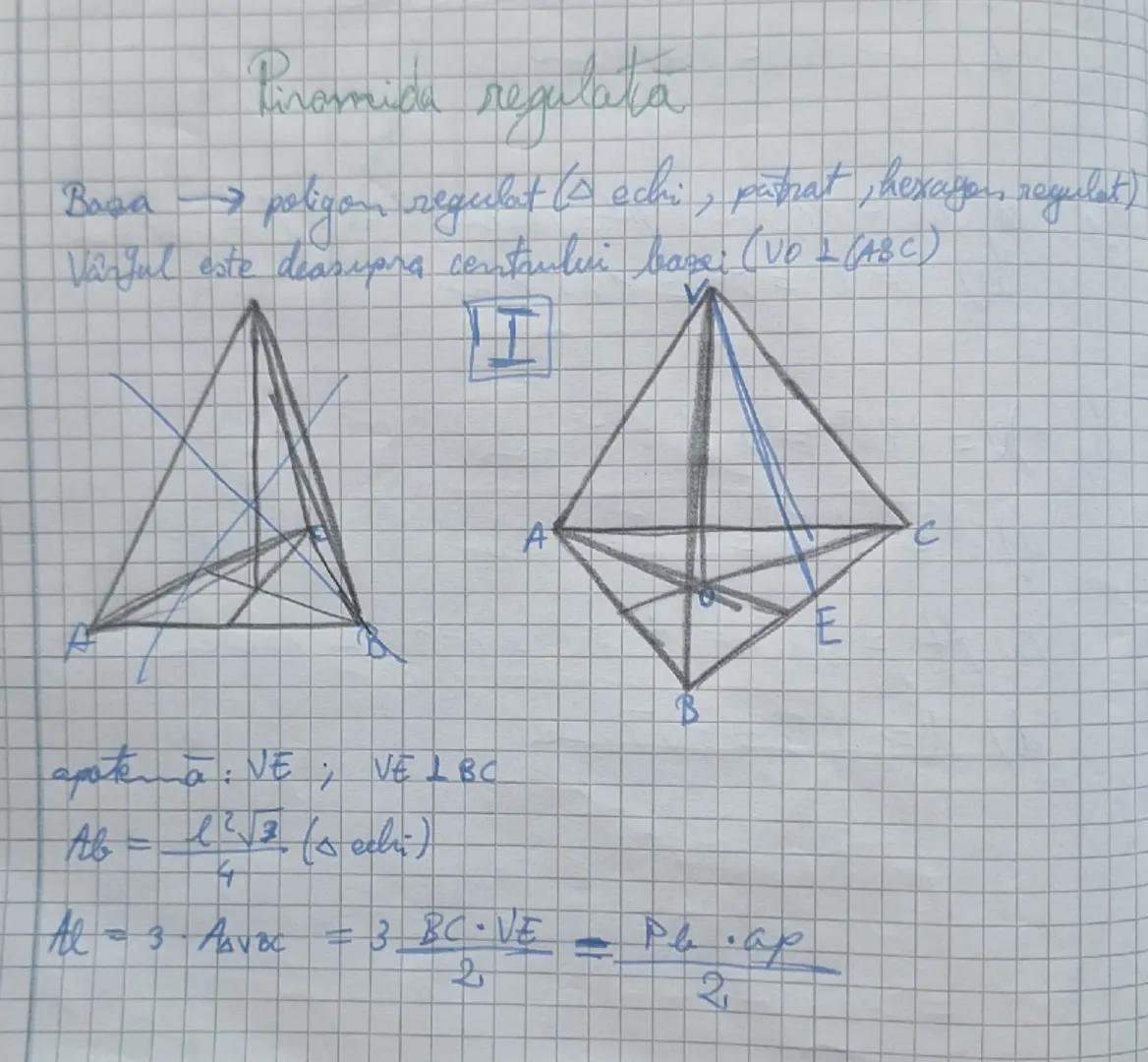 # $At = Al_b + Al$
# $V = \frac{1}{3} \cdot Al_b \cdot h = \frac{Al_b \cdot h}{3}$
Obs: la tetraedru reg.
$Al_b = \frac{l^2 \sqrt{3}}{2}$
$h