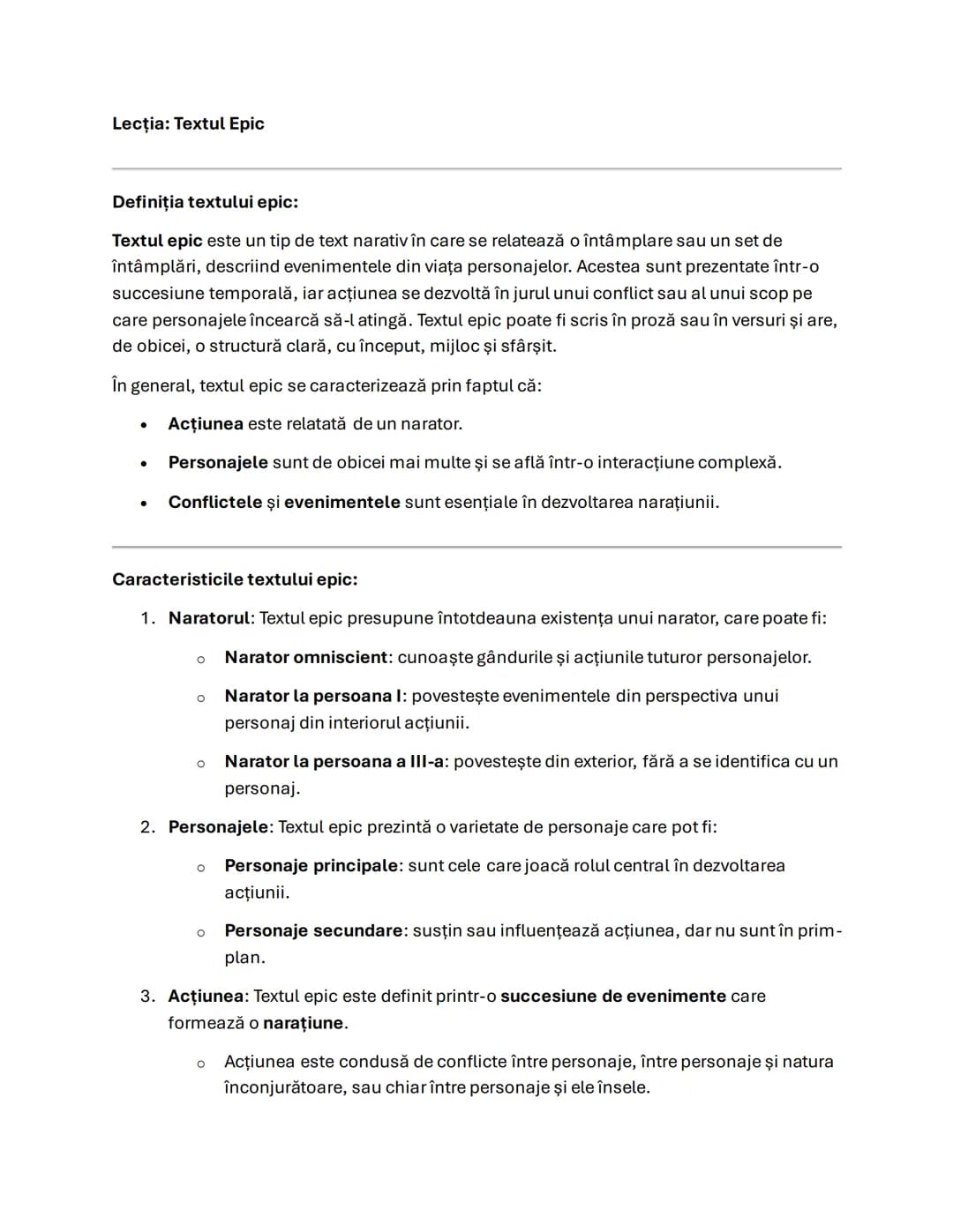 --- OCR Start ---
Lecţia: Textul Epic
Definiția textului epic:
Textul epic este un tip de text narativ în care se relatează o întâmplare sau