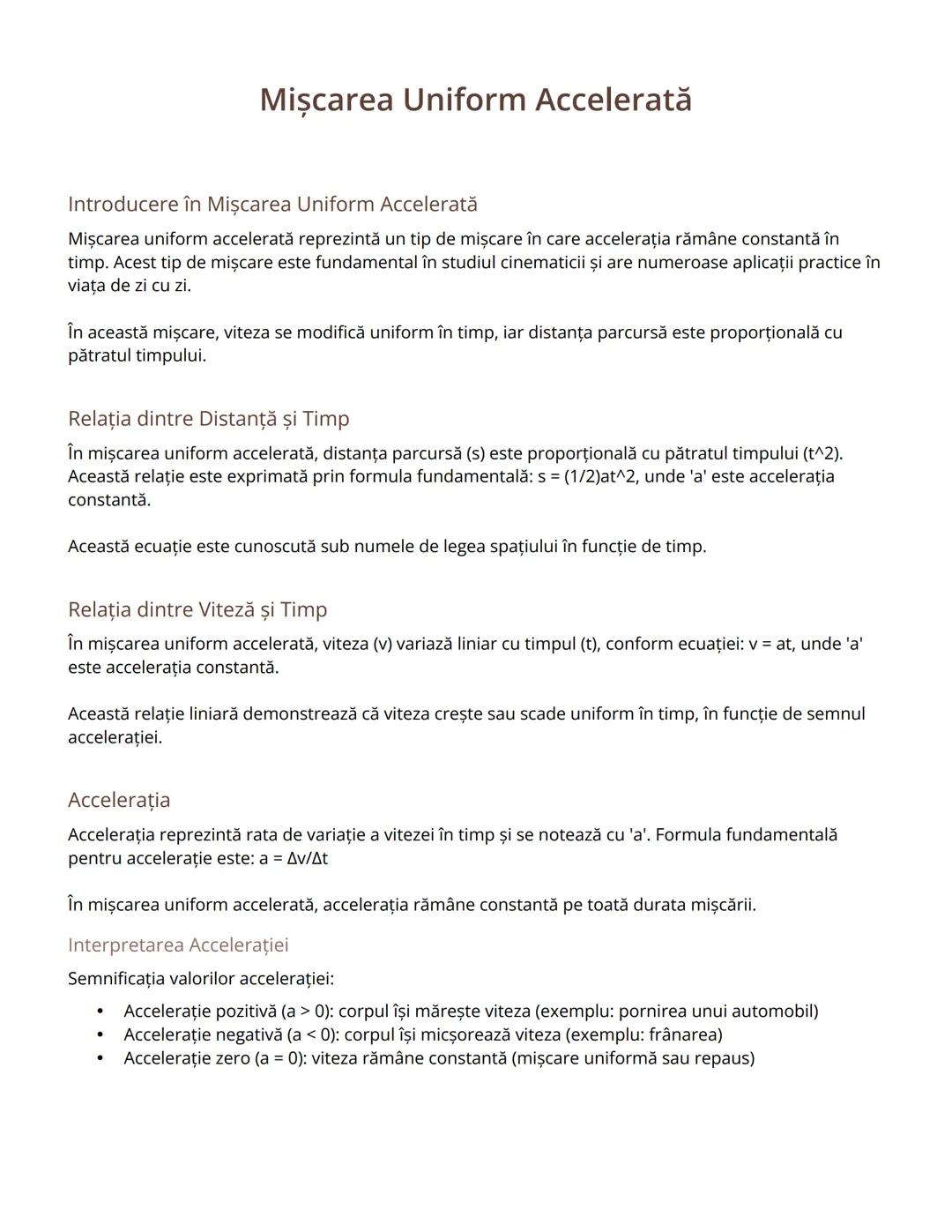 # Mişcarea Uniform Accelerată

Introducere în Mişcarea Uniform Accelerată

Mişcarea uniform accelerată reprezintă un tip de mişcare în care 