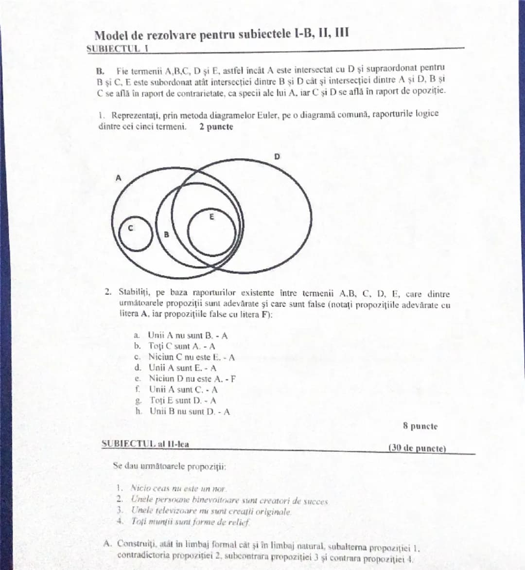 --- OCR Start ---
Model de rezolvare pentru subiectele I-B, II, III
SUBIECTUL I
B. Fie termenii A,B,C, D şi E, astfel încât A este intersect