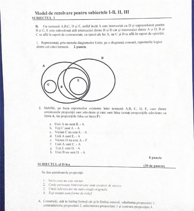 --- OCR Start ---
Model de rezolvare pentru subiectele I-B, II, III
SUBIECTUL I
B. Fie termenii A,B,C, D şi E, astfel încât A este intersect