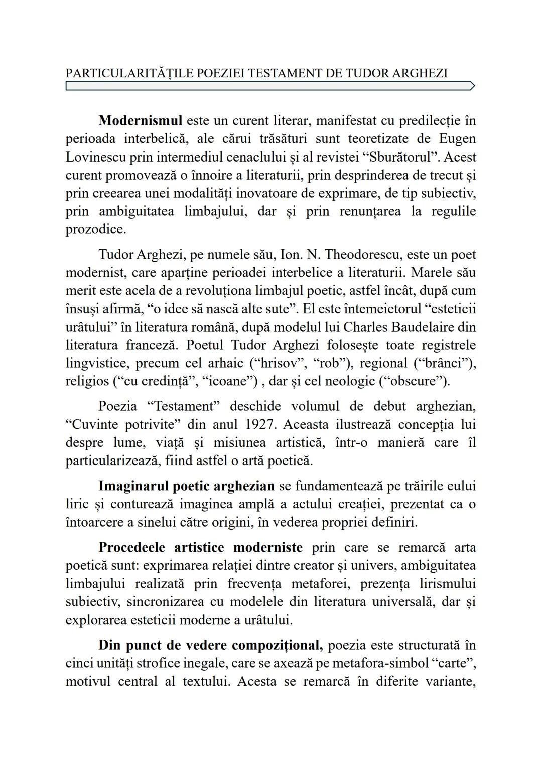 PARTICULARITĂŢILE POEZIEI TESTAMENT DE TUDOR ARGHEZI
Modernismul este un curent literar, manifestat cu predilecție în
perioada interbelică, 