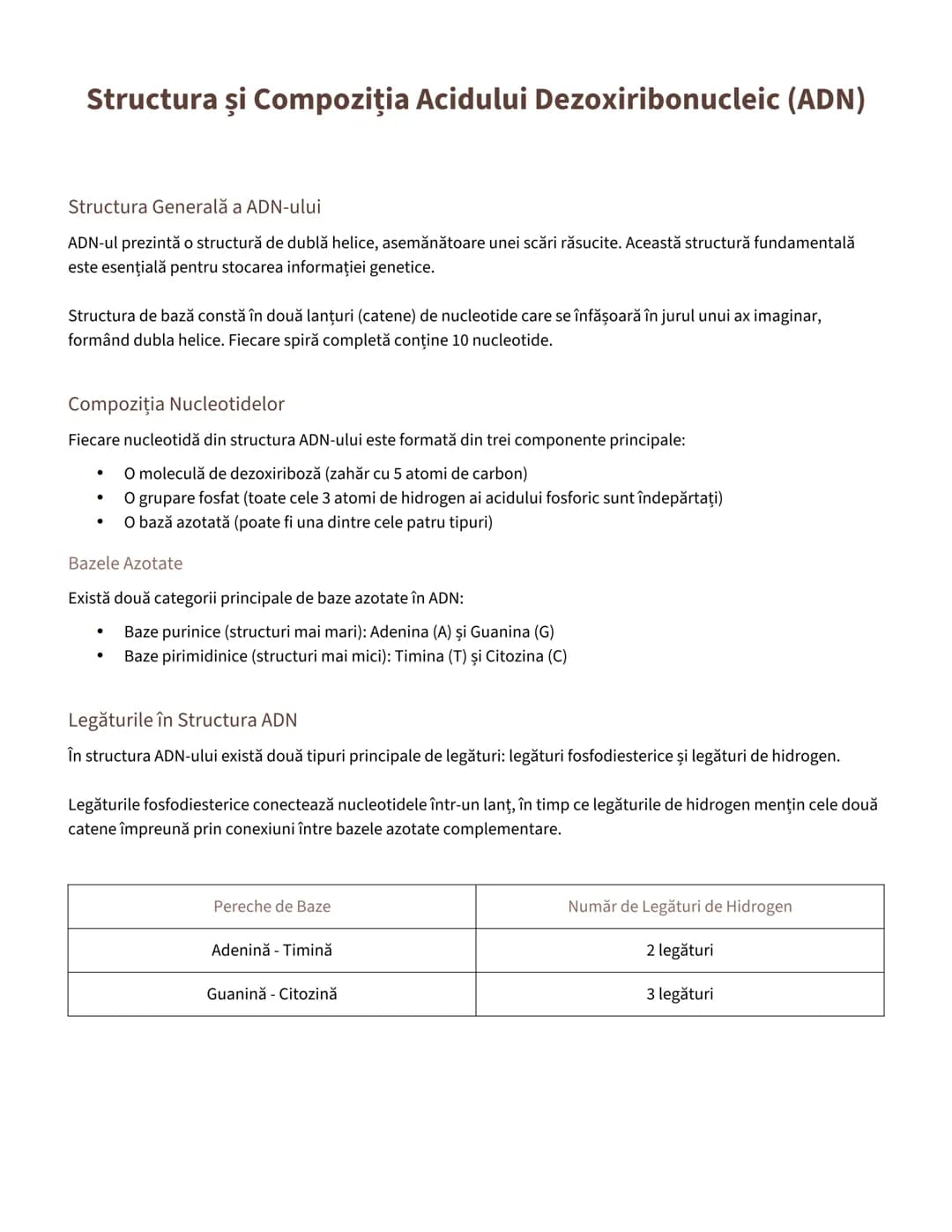 --- OCR Start ---
Structura şi Compoziția Acidului Dezoxiribonucleic (ADN)
Structura Generală a ADN-ului
ADN-ul prezintă o structură de dubl