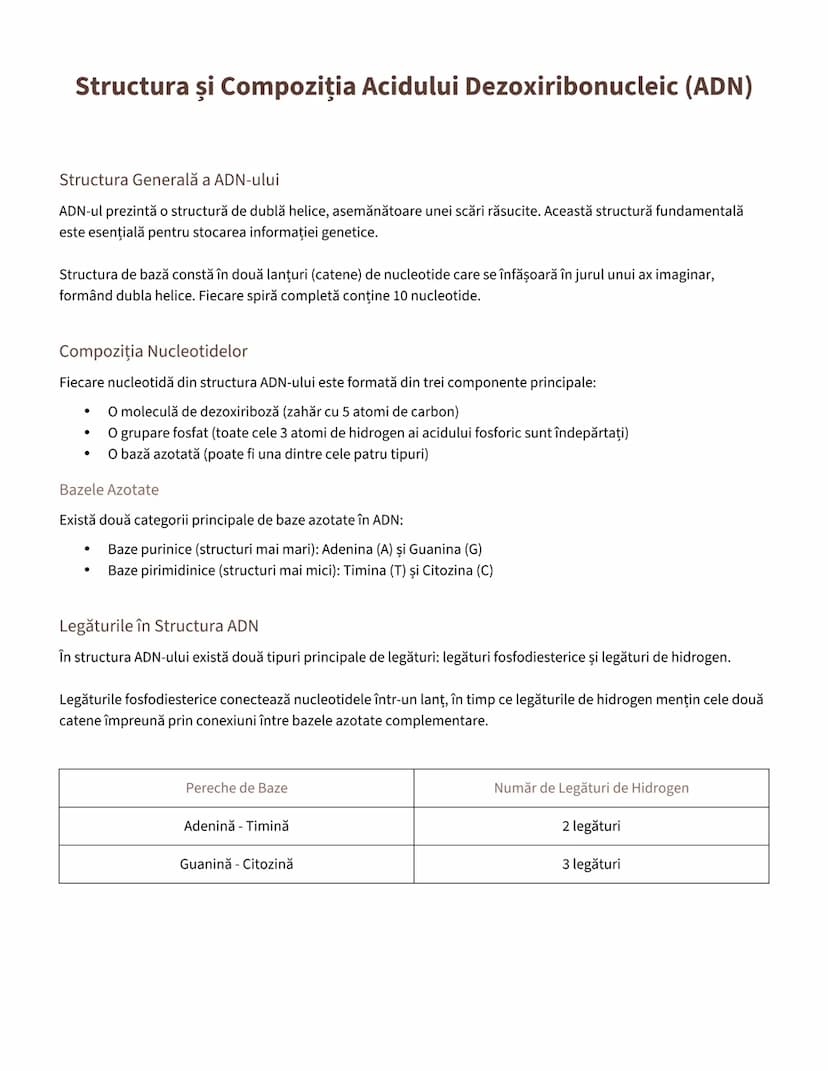 --- OCR Start ---
Structura şi Compoziția Acidului Dezoxiribonucleic (ADN)
Structura Generală a ADN-ului
ADN-ul prezintă o structură de dubl