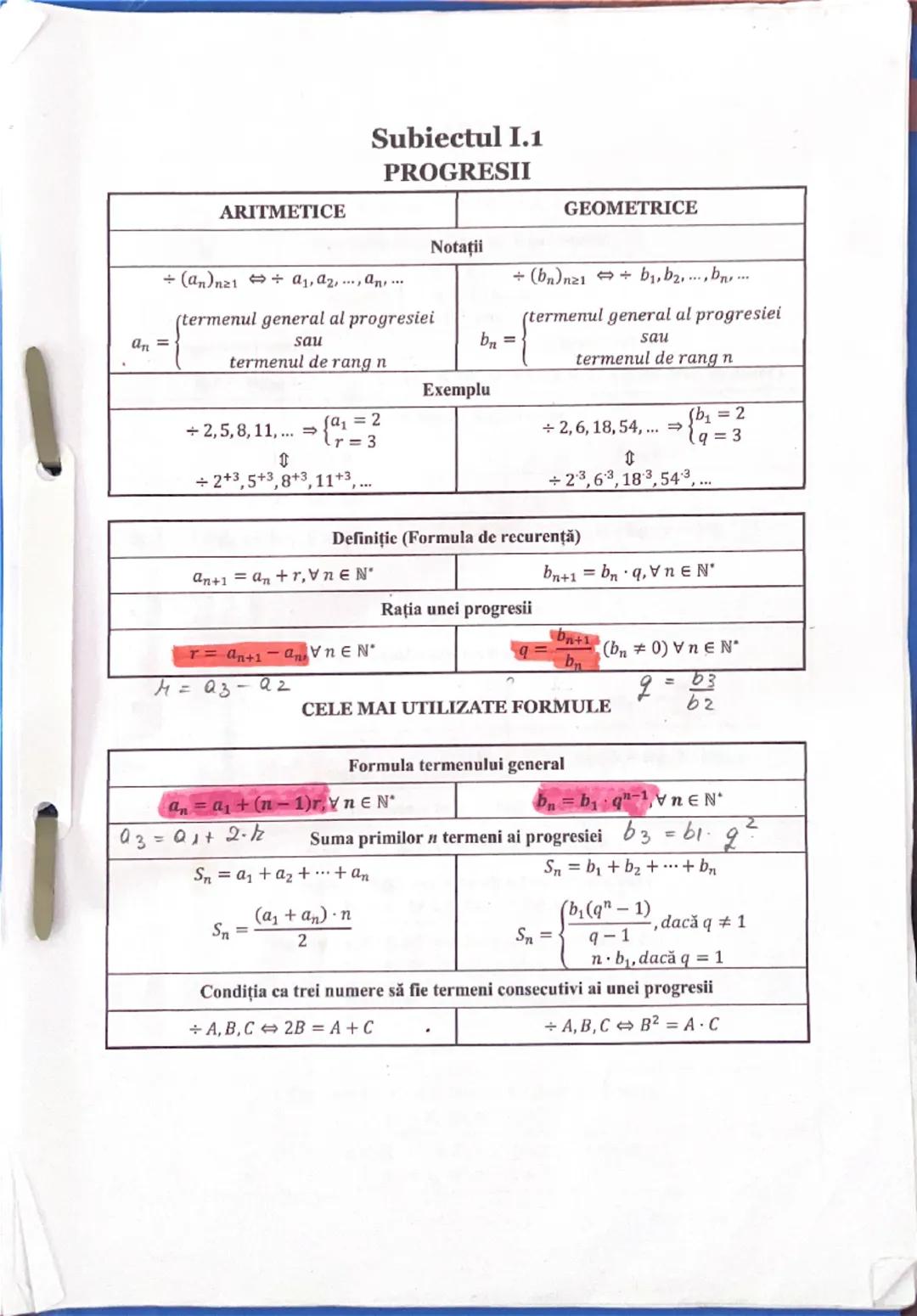 # Subiectul I.1
# PROGRESII

| ARITMETICE | Notații | GEOMETRICE |
| ----------- | ----------- | ----------- |
| +(aₙ)ₙ≥₁ ↔ a₁, a₂,..., aₙ..
