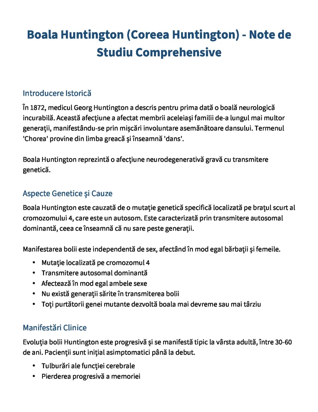 Boala Huntington (Coreea Huntington) - Note de Studiu Comprehensive