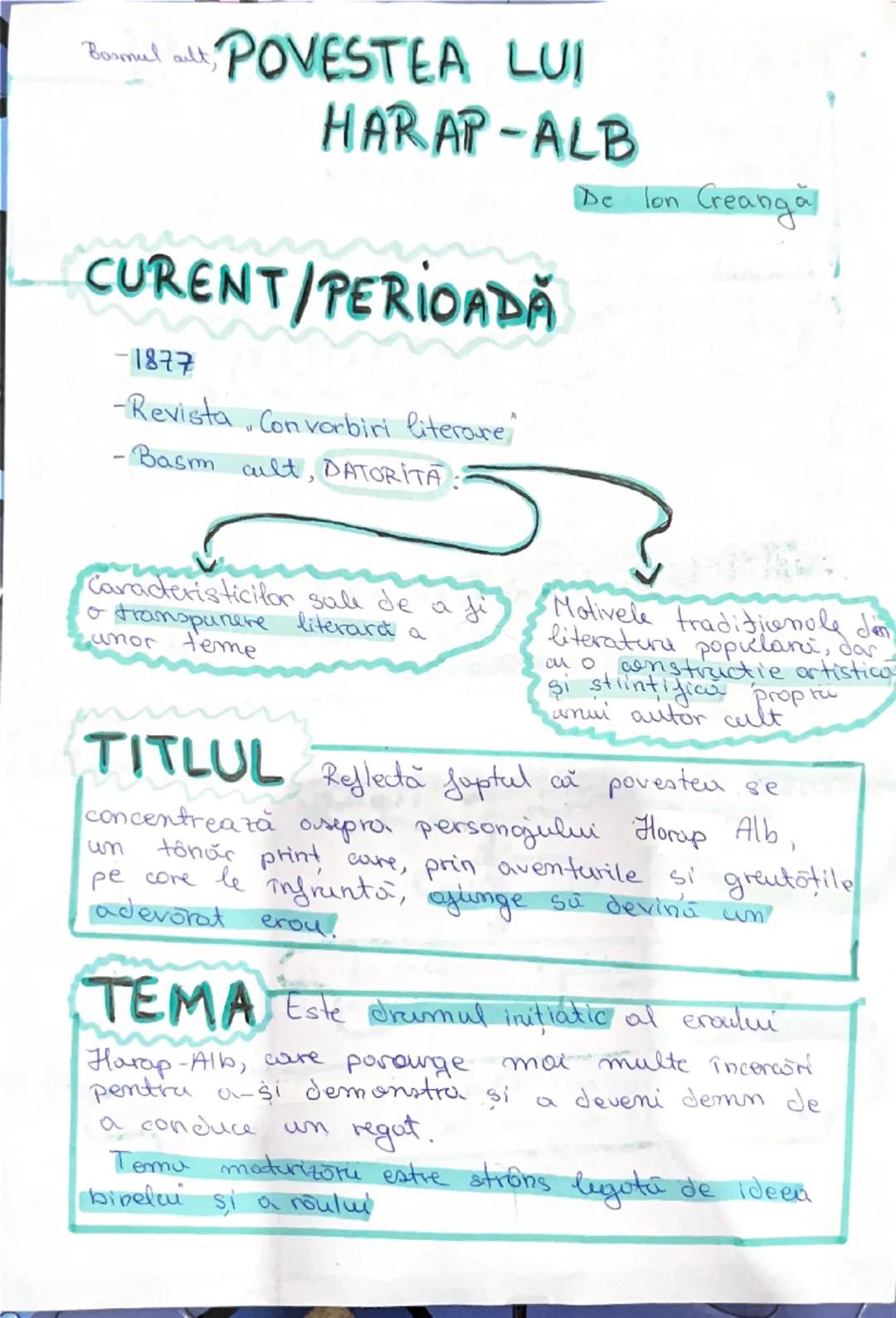 --- OCR Start ---
Bommel ault, POVESTEA LUI
HARAP-ALB
CURENT/PERIOADĂ
-1877
-Revista "Convorbiri literare"
-Basm cult, DATORITA
Caracteristi