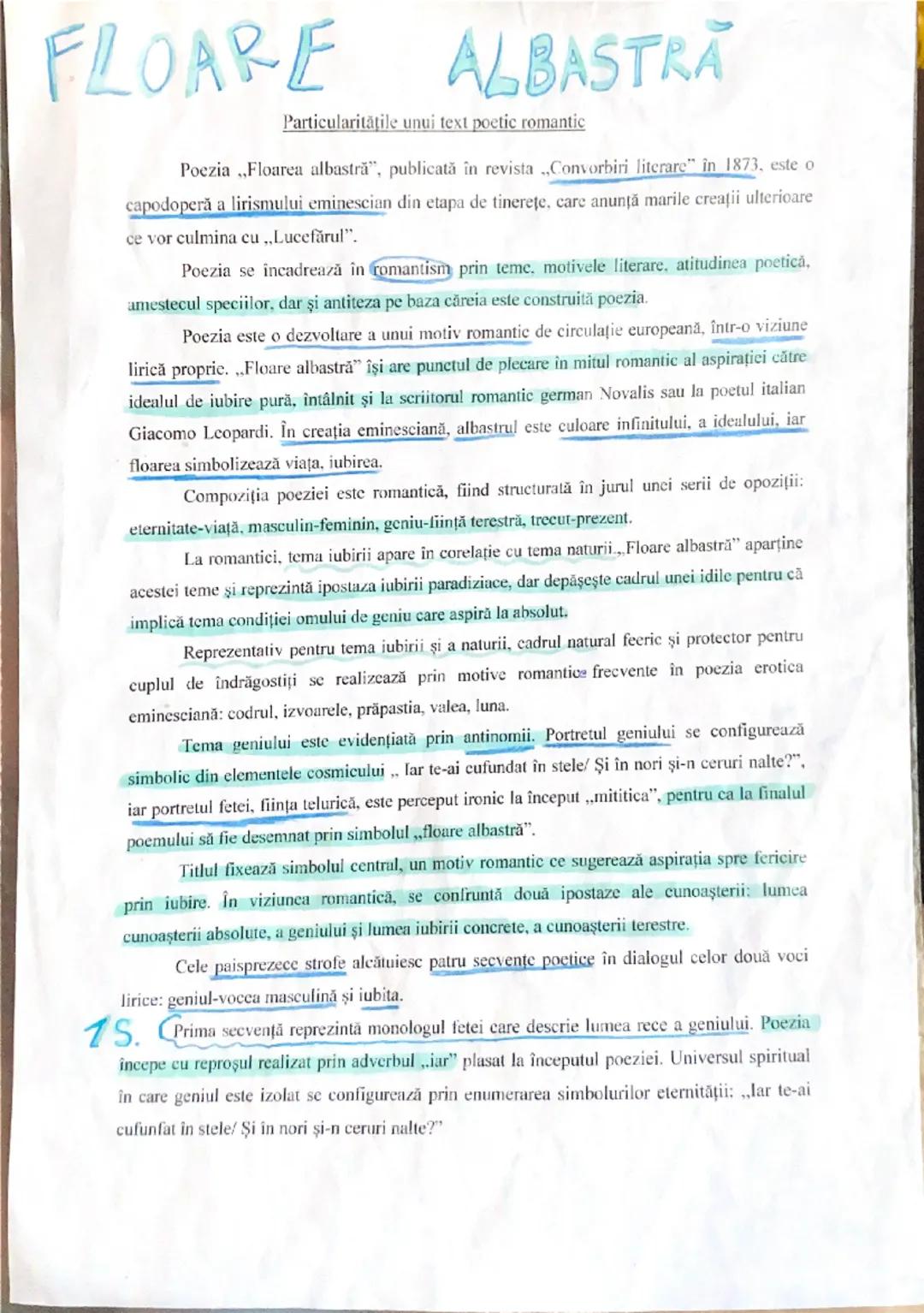 FLOARE ALBASTRA
Particularitățile unui text poetic romantic
Poezia ".Floarea albastră", publicată în revista ".Convorbiri literare" în 1873,