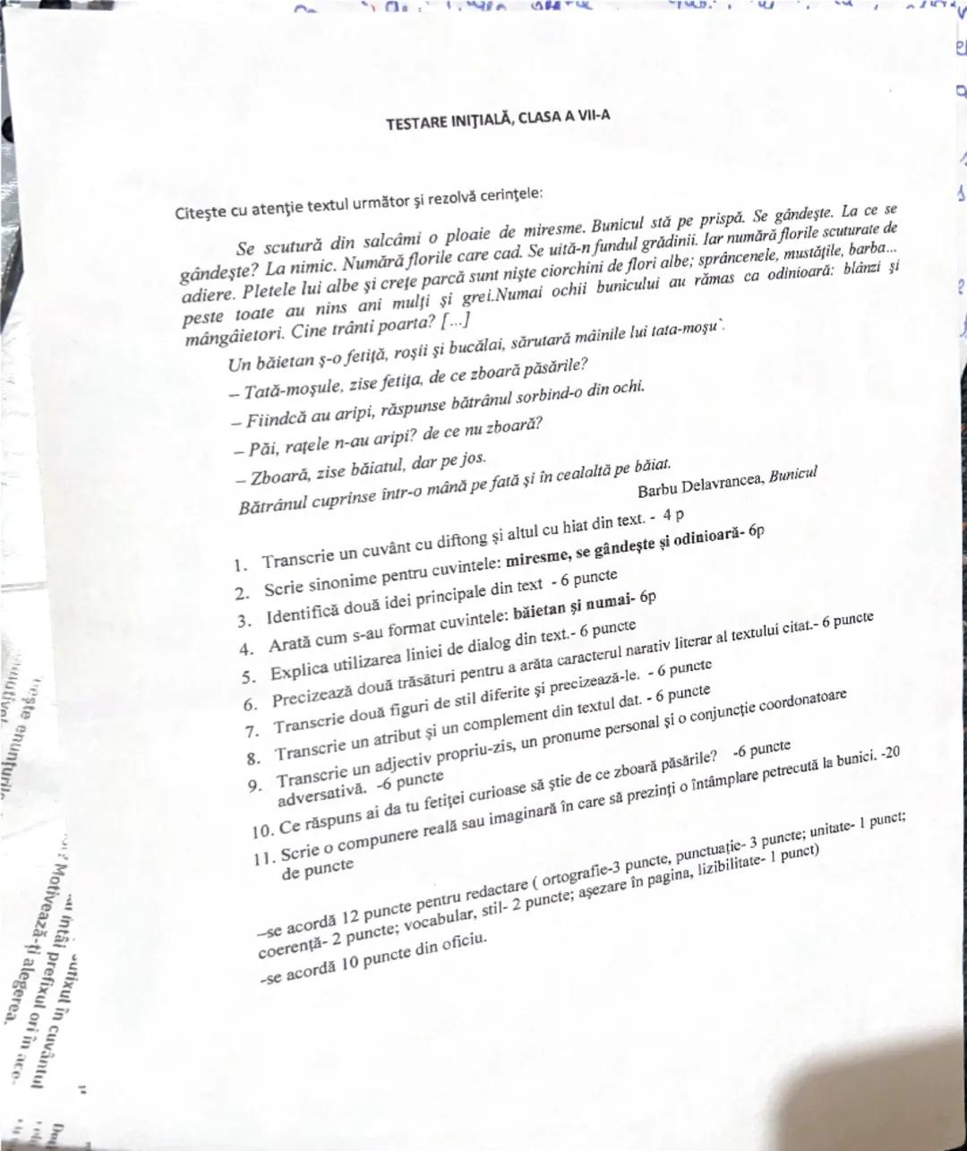 # TESTARE INIŢIALĂ, CLASA A VII-A

Citeşte cu atenţie textul următor şi rezolvă cerinţele:

Se scutură din salcâmi o ploaie de miresme. Buni