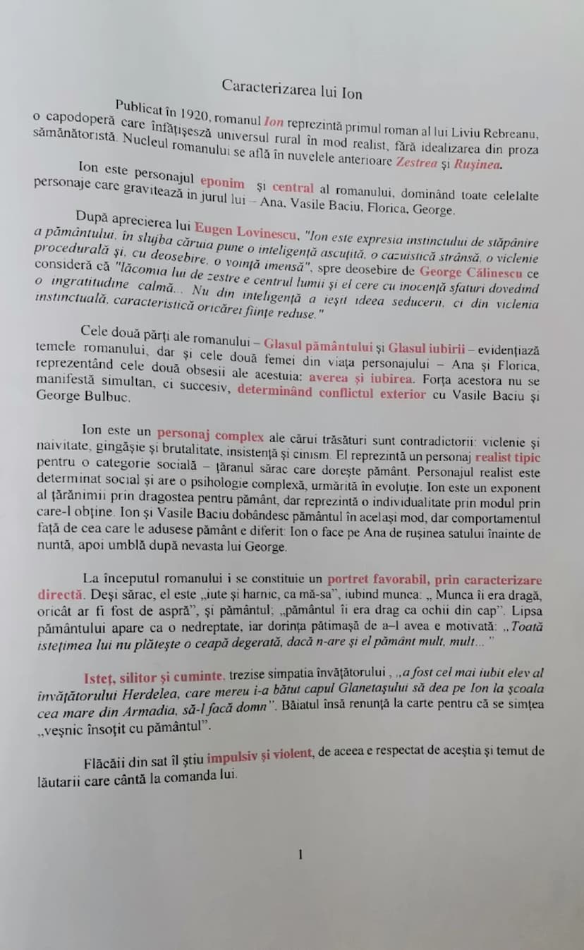 # Caracterizarea lui Ion
Publicat în 1920, romanul *Ion* reprezintă primul roman al lui Liviu Rebreanu,
o capodoperă care înfăţişesză univer