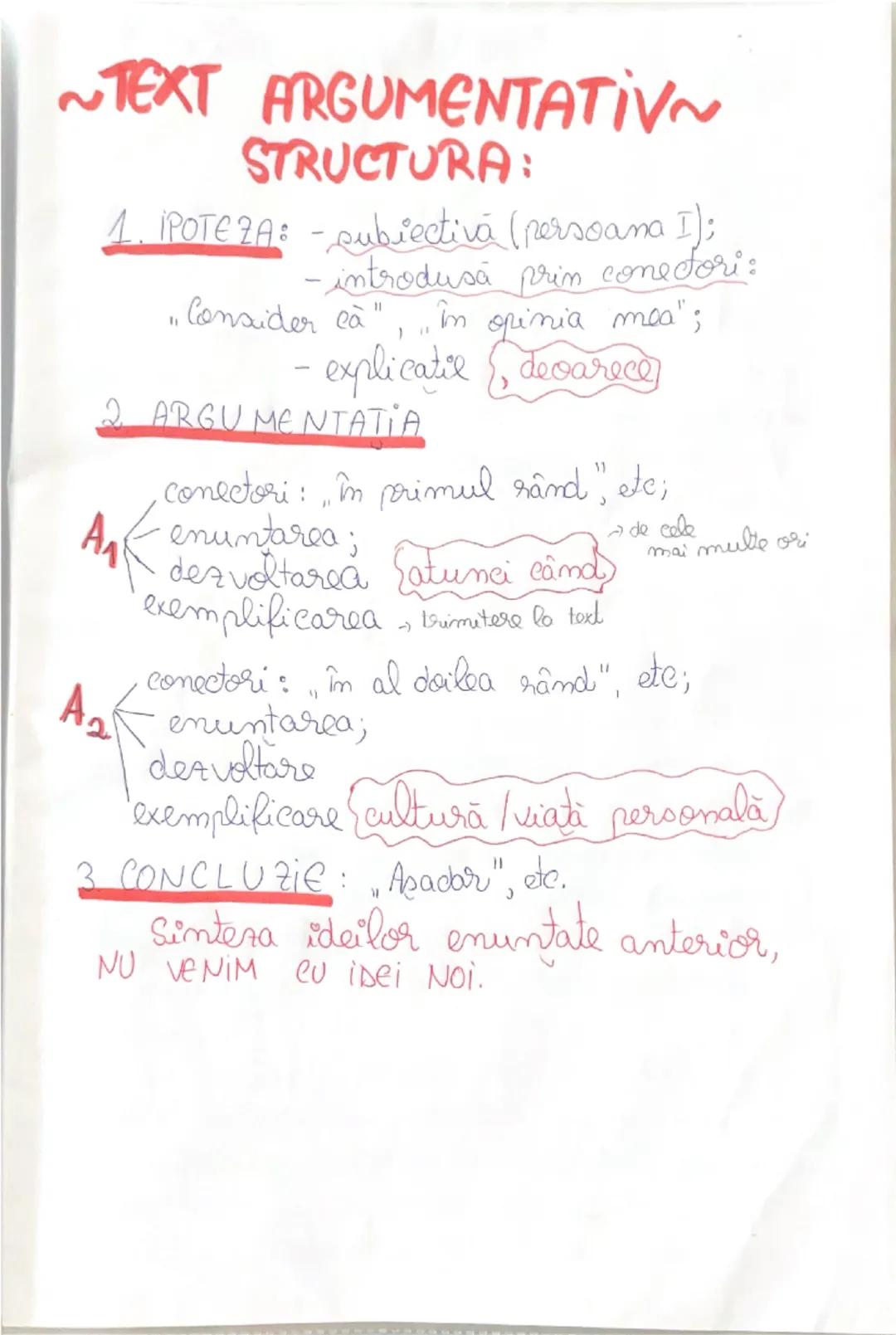 ~TEXT ARGUMENTATIV~
STRUCTURA:
1. IPOTEZA: -subiectivă (persoana I);
-introdusă prin conectori:
"consider că", "în opinia mea";
-explicație 