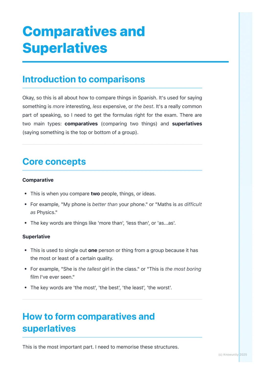 # Comparatives and
Superlatives

## Introduction to comparisons

Okay, so this is all about how to compare things in Spanish. It's used for 