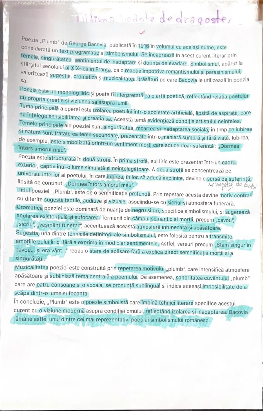 # Ultima noapte de dragoste,

Poezia „Plumb” de George Bacovia, publicată în 1916 în volumul cu acelaşi nume, este
considerată un text progr
