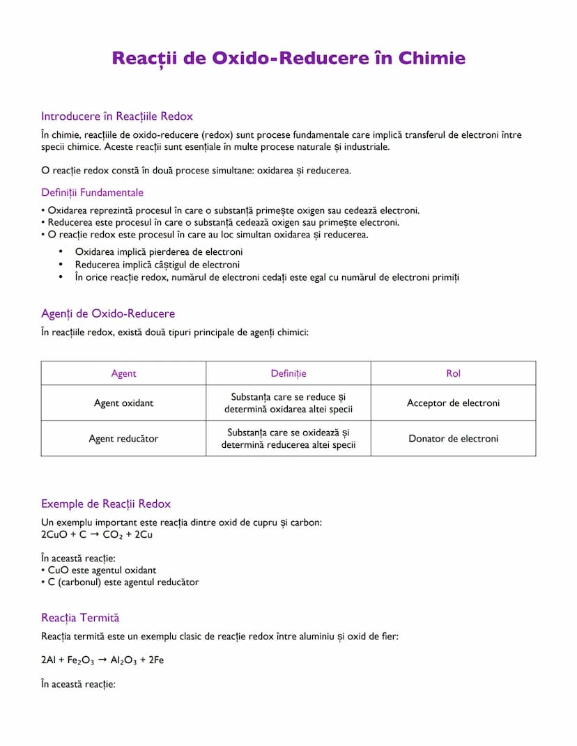 # Reacţii de Oxido-Reducere în Chimie

## Introducere în Reacţiile Redox

În chimie, reacţiile de oxido-reducere (redox) sunt procese fundam