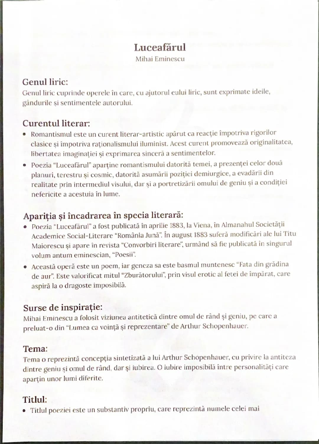 --- OCR Start ---
Luceafărul
Mihai Eminescu
Genul liric:
Genul liric cuprinde operele în care, cu ajutorul eului liric, sunt exprimate ideil