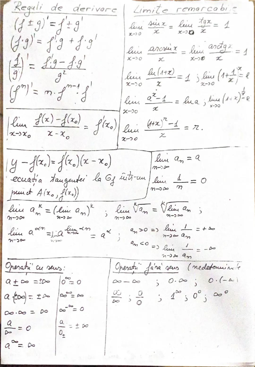 Derivate

c' = 0
x' = 1
$(x^n)' = nx^{n-1}$
$(\sqrt{x})' = \frac{1}{2\sqrt{x}}$
$(sin x)'= coox$
$(cos x)' = -sinx$
$(tg x)'= \frac{1}{cos^2